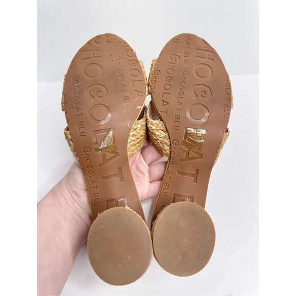 Chocolat Blue Sandals Size 8 Raffia Slide Sandals Block Heel Leather Lining - Picture 8 of 8